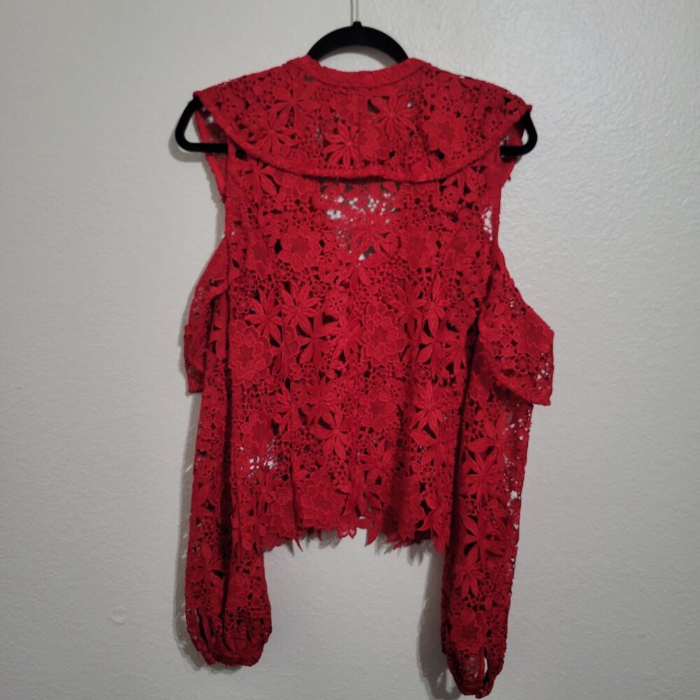 Bardot Red Lace Cold-Shoulder Ruffled Blouse - Picture 10 of 13
